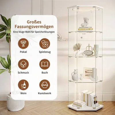 Produktbild von Eckvitrine - LED Vitrinenschrank - 162 cm Höhe - Glastüren - LED-Streifen mit 6 Farben - 4 Ebenen - Weiß