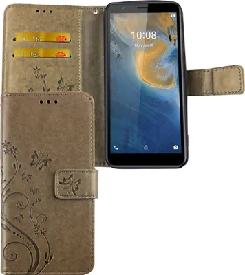 Produktbild von ZTE Blade A31 Tasche Handy Hülle Schutz-Cover Flip-Case mit Kartenfach, Farbe:Blumen Grau