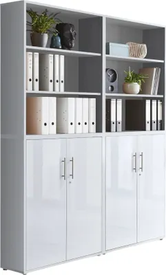 Produktbild von Aktenschrank TABOR 11 in lichtgrau / weiß Hochglanz, Schrankwand, Büroschrank, abschließbar, Metallgriffe