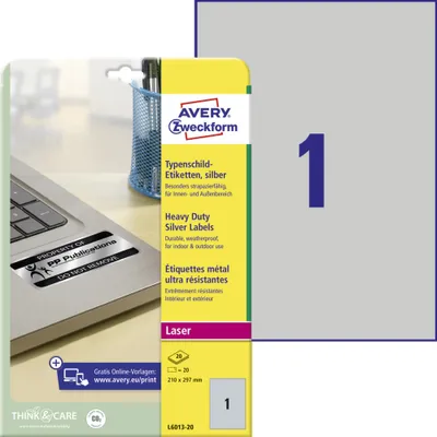 Produktbild von Avery Zweckform L6013-20 Typenschild-Etiketten, 210 x 297 mm, 20 Bogen/20 Etiketten, silber