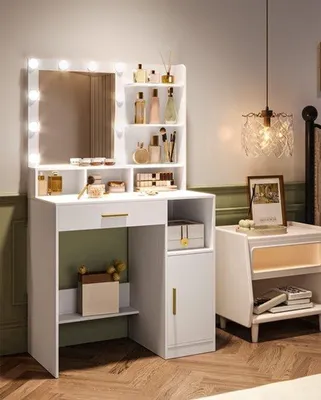 Image de Table de coiffeuse avec miroir - 10 LED - 3 étagères, 4 compartiments - Commode blanche