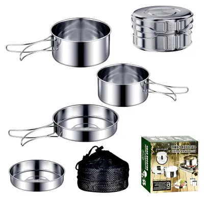 Produktbild von Camping Kochgeschirr Set aus 304 Edelstahl, tragbares Outdoor Kochgeschirr mit Pfanne und faltbarem Besteck, stapelbares Picknick Topfset für Wandern und Reisen
