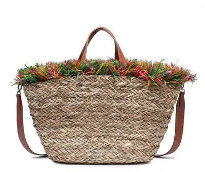 Produktbild von Rattan Shopper Natur mit bunten Stickereien und Sommer-Fransen Purple UNICA 54x27x19 cm