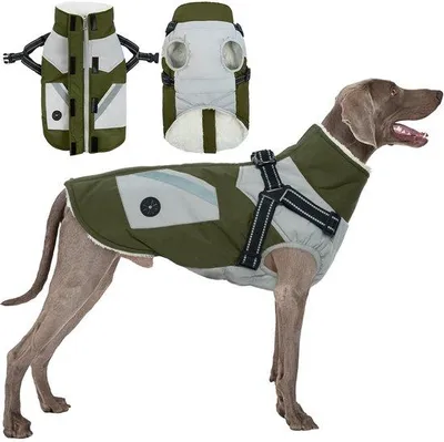 Produktbild von Unyqoos® Wasserdichte Winterjacke für große Hunde – integriertes Harnisch mit Doppel-D-Ring, weiches Baumwoll- & Fleecefutter, reflektierende Streifen, Fellkragen