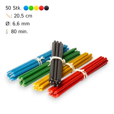 Obrázok produktu pre 50 ks viacfarebná sada sviečok z včelieho vosku 5 farieb N60 20,5 cm: žltá, zelená, červená, modrá, čierna