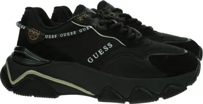 A pair of black Guess sneakers with leopard print accents.