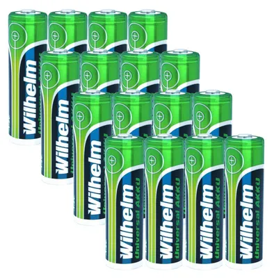 A collection of rechargeable AA batteries arranged in a grid.