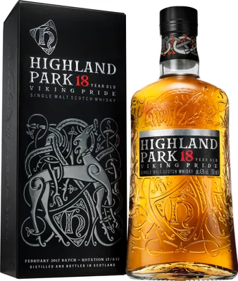 A bottle of Highland Park 18 Year Old Viking Pride Single Malt Scotch Whisky and its gift box are displayed against a white background.