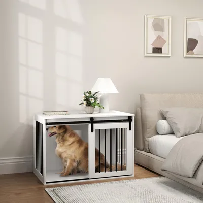 Produktbild von Hundebox mit Schiebetür & Belüftung, Hundekäfig Möbeloptik, Spanplatte & Stahl, Weiß | 98 x 58 x 61 cm | bis 30 kg | 3-seitige Belüftung