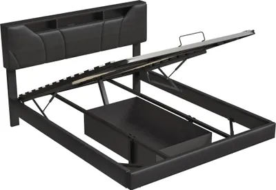 Zdjęcie produktu dla Łóżko tapicerowane ProximaX 140x200 cm ze złączem USB, łóżko na sprężynach hydraulicznych ze schowkiem, podwójne łóżko młodzieżowe z oświetleniem LED i stelażem listwowym oraz zagłówkiem ze schowkiem i oświetleniem LED