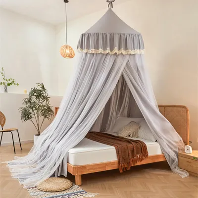 Produktbild von Moskitonetz Bett Für Doppelbett Einzelbett, 2,7M Betthimmel Moskitonetz, Doppellagiges Feinmaschiges Moskitoschutz Mückennetz, Grau