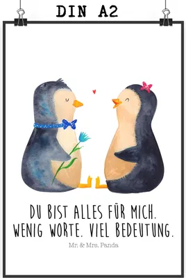 Produktbild von Mr. & Mrs. Panda Bild Pinguin Pärchen DIN A2 - Weiß - Geschenk, kunstdruck poster, Hochzeitstag, drucke, Hochzeitsgeschenk, Wandbild, Hochzeit, Liebe, wanddeko