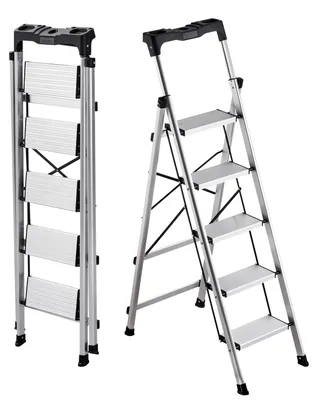 Produktbild von Trittleiter/Haushaltsleiter - Klappleiter 5 Stufen - Aluminium - Rutschfeste Stufen - Mit Handlauf - Belastbarkeit 150 kg - Silber