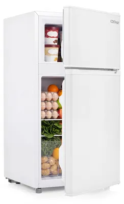 Zdjęcie produktu dla Mini lodówka COSTWAY o pojemności 100 litrów z komorą zamrażalną, 7 ustawieniami temperatury, oświetleniem LED, regulowaną półką, szufladą, odwracalnymi drzwiczkami i kółkami, cicha
