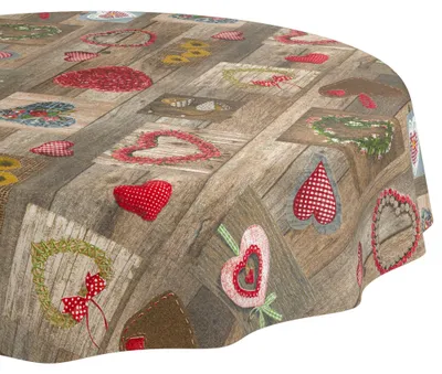 Produktbild von Tischdecke 120x120cm Rund Braun abwaschbar Baumwolloptik Trachtenherzen Braun wetterfest Schnittkante