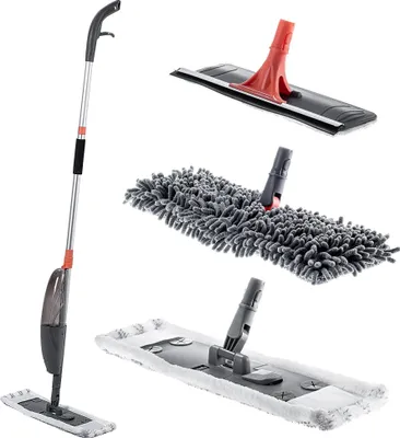 Image de Balai à franges plat avec fonction spray - Balai 3 en 1 - Tête pivotante - Microfibre - Lot de 3 housses de rechange