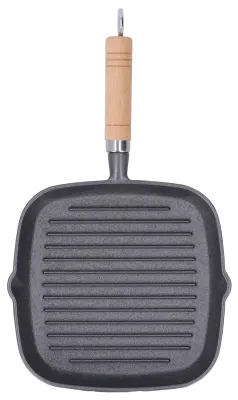 Gusseisen-Grillpfanne, antihaftbeschichtet, 23x21x3 cm, mit Holzgriff