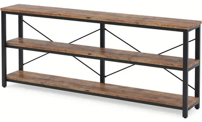 Zdjęcie produktu dla Długi stolik boczny o długości 180 cm w rustykalnym, brązowym kolorze – industrialny stolik pomocniczy z 3 półkami
