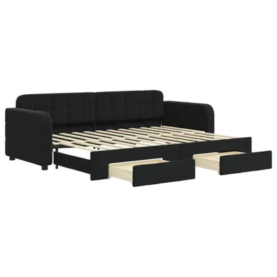 A black sofa bed with its drawers pulled out, showing the wooden slatted base.