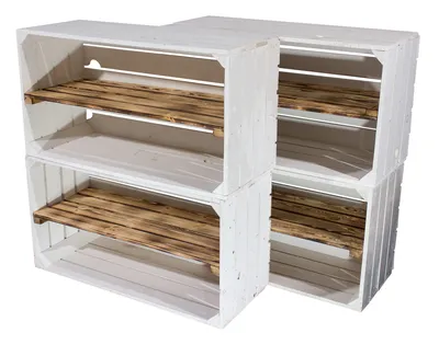 Produktbild von 6er Set Breite weiße Obstkiste mit geflammtem Mittelbrett 68cm x 40cm x 31cm Holzregal Weinkisten quer mit Zwischenbrett Gartenmöbel Aufbewahrungsregal Zwischenfach flambiert