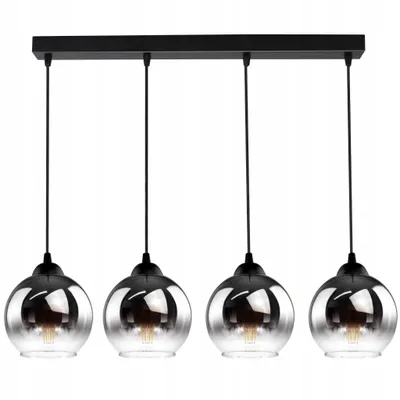 A modern pendant light fixture with four glass shades.