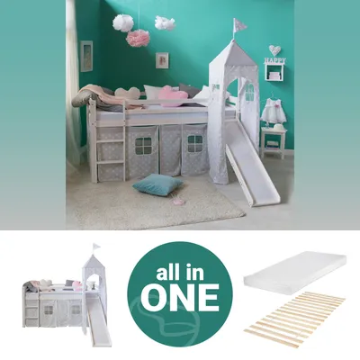 Produktbild von Homestyle4u Kinder Hochbett 90x200 weiss mit Matratze Lattenrost Rutsche