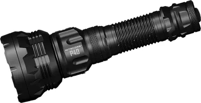 A black Nitecore P40 LEP flashlight is shown against a white background.