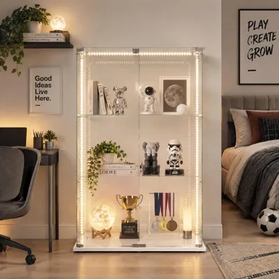 Zdjęcie produktu dla Szkło Vitrine INONEFT z oświetleniem LED, nowoczesna witryna z podwójnymi drzwiami i trzema półkami, idealna do salonu, sypialni lub biura, do przechowywania cennych przedmiotów, wymiary: 123,3 x 78,5 x 35 cm, kolor: biały