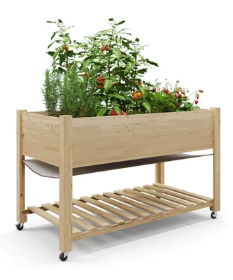 Zdjęcie produktu dla Metalowe łóżko ogrodowe 122x61x81 cm cedr z kółkami i półką do uprawy warzyw ziół kwiatów na balkon taras ogród