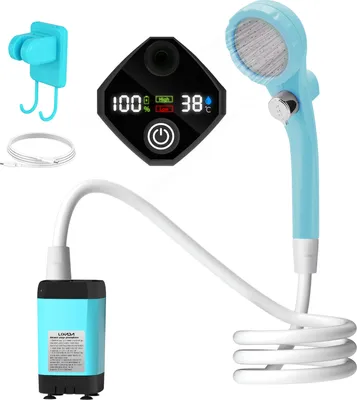 A set of portable camping shower accessories, including a shower head, pump, control unit, and mounting bracket, laid out on a white background.