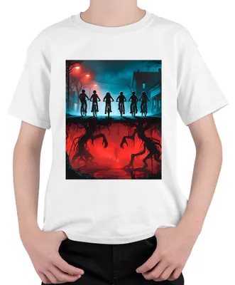 Immagine prodotto di Upside Down Kids Bikes Horror 80s Retro Mystery Hawkins Maglietta unisex per bambini, bianco, 104