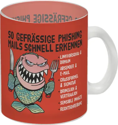 Produktbild von Glas Tasse zum Thema Phishing Mails erkennen mit Fisch Motiv in rot