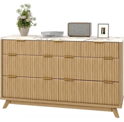 Produktbild von Moderner geriffelter Kleiderschrank - Holzschrank mit 7 Schubladen 137 cm - Gebogenes Design - Viel Stauraum - Für Schlaf- und Wohnzimmer - Eiche