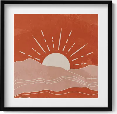 Produktbild von Illustration eines Sonnenaufgangs– Wandbild mit Rahmen – Gerahmtes Bild  – Wanddekoration – 50x50 cm –  Schwarz Rahmen