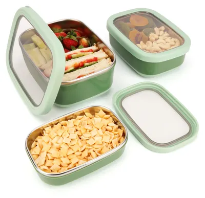 Produktbild von 3-teiliges Lunchbox-Set aus Edelstahl mit rutschfester Außenseite – BPA-frei – mikrowellengeeignet, spülmaschinen- und gefriergeeignet