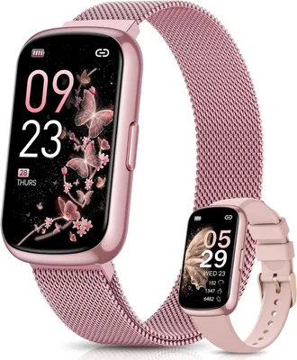 A smartwatch with a pink metal mesh band and a second smartwatch with a pink silicone band are displayed against a white background. The main smartwatch screen shows the time, date, and a butterfly graphic.