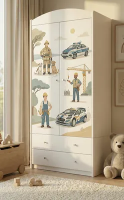 Image de Armoire pour chambre d'enfant blanche, 2 portes et 2 tiroirs, armoire pour enfants avec tringle à vêtements, 88 x 187 cm, autocollants colorés