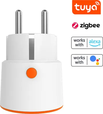 Imagen del producto de Tuya ZigBee, enchufe inteligente de 16A, medidor de corriente, voltaje y potencia en tiempo real, con función de cuenta regresiva. Permite la conexión a escenas inteligentes del hogar y se controla a través de la aplicación móvil. Compatible con Alexa para control por voz en el hogar