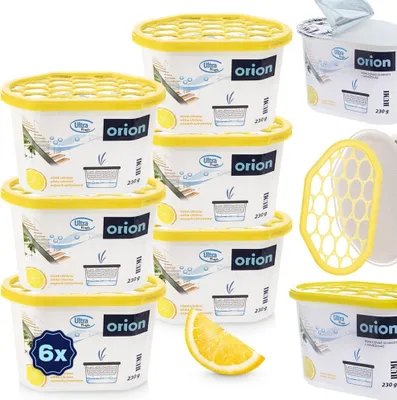 A collage of Orion brand dehumidifier containers with a lemon scent.