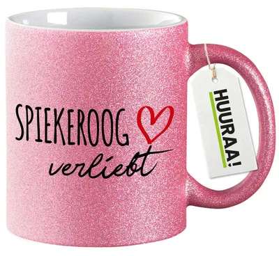 Produktbild von Huuraa Glitzertasse Spiekeroog verliebt 330ml Pink Keramik Kaffeebecher Geschenkidee
