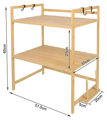 Produktbild von Küchenregal für Mikrowelle - 2-stöckiges Holzregal - Verstellbar - Mit 4 Haken - Tragkraft 25 kg - Größe L - Naturholz