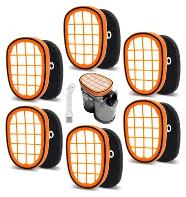 A collage of vacuum cleaner filters and a small cleaning brush, arranged against a white background.