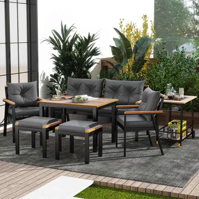 Produktbild von AIORBER Gartenmöbel Set 6-7 Personen Akazienholz, Gartentisch mit Stühlen, Sofa, Hockern und Servierwagen, wetterfest, Grau/Schwarz
