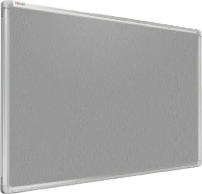 A close-up, angled view of a gray felt bulletin board with a silver aluminum frame.