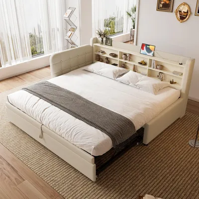 Produktbild von Tagesbett 90x200 cm ausziehbar auf 180x200 cm – Daybett in Beige, Leinen-Bezug, USB + Typ C, Ablageflächen, Lattenrost, 207x101,5x83,5 cm, multifunktional