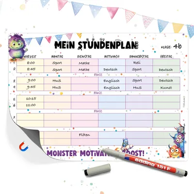 Produktbild von Stundenplan magnetisch Grundschule - Süße Monster Design | Stundenplan abwischbar Jungen & Mädchen | Stundenplan 1. Klasse