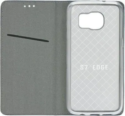 A phone case is shown open, revealing the inside of the cover and the clear back shell.