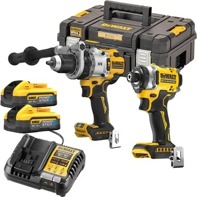 A set of DeWalt power tools, including a drill and impact driver, with batteries and a charger, displayed on a white background.