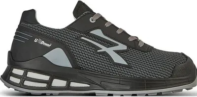 A side view of a black and gray safety shoe.