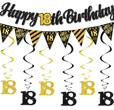 18. Geburtstag Dekoration Set – Banner & Girlanden, Schwarz Gold